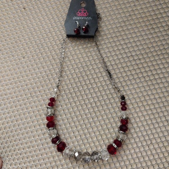 Paparazzi Necklace and Earrings Set - Distracted by Dazzle - Red - Picture 2 of 2